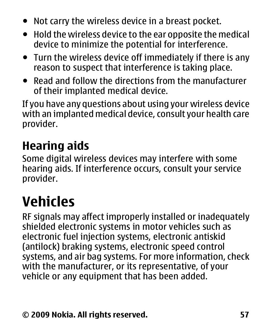 Hearing aids, Vehicles | Nokia 2330 User Manual | Page 57 / 135