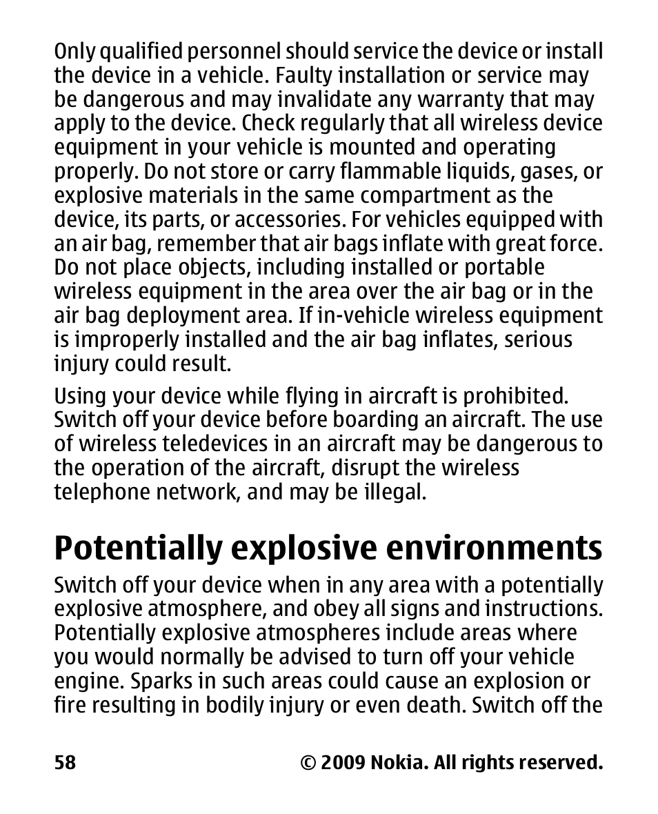 Potentially explosive environments, Potentially explosive, Environments | Nokia 2330 User Manual | Page 58 / 135