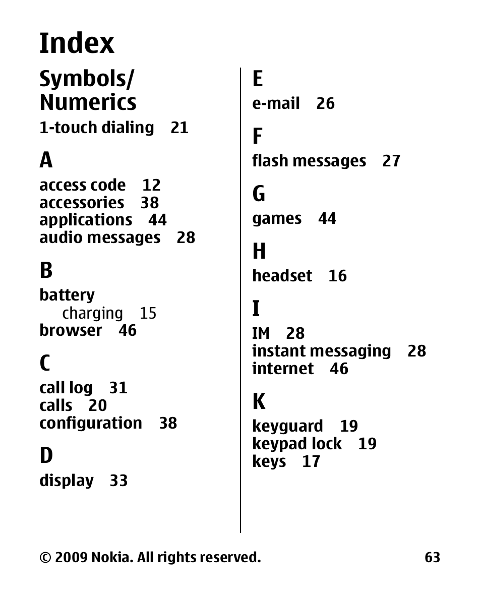 Index, Symbols/ numerics | Nokia 2330 User Manual | Page 63 / 135