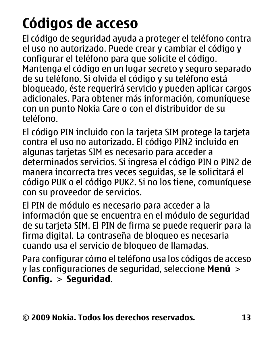 Códigos de acceso | Nokia 2330 User Manual | Page 77 / 135