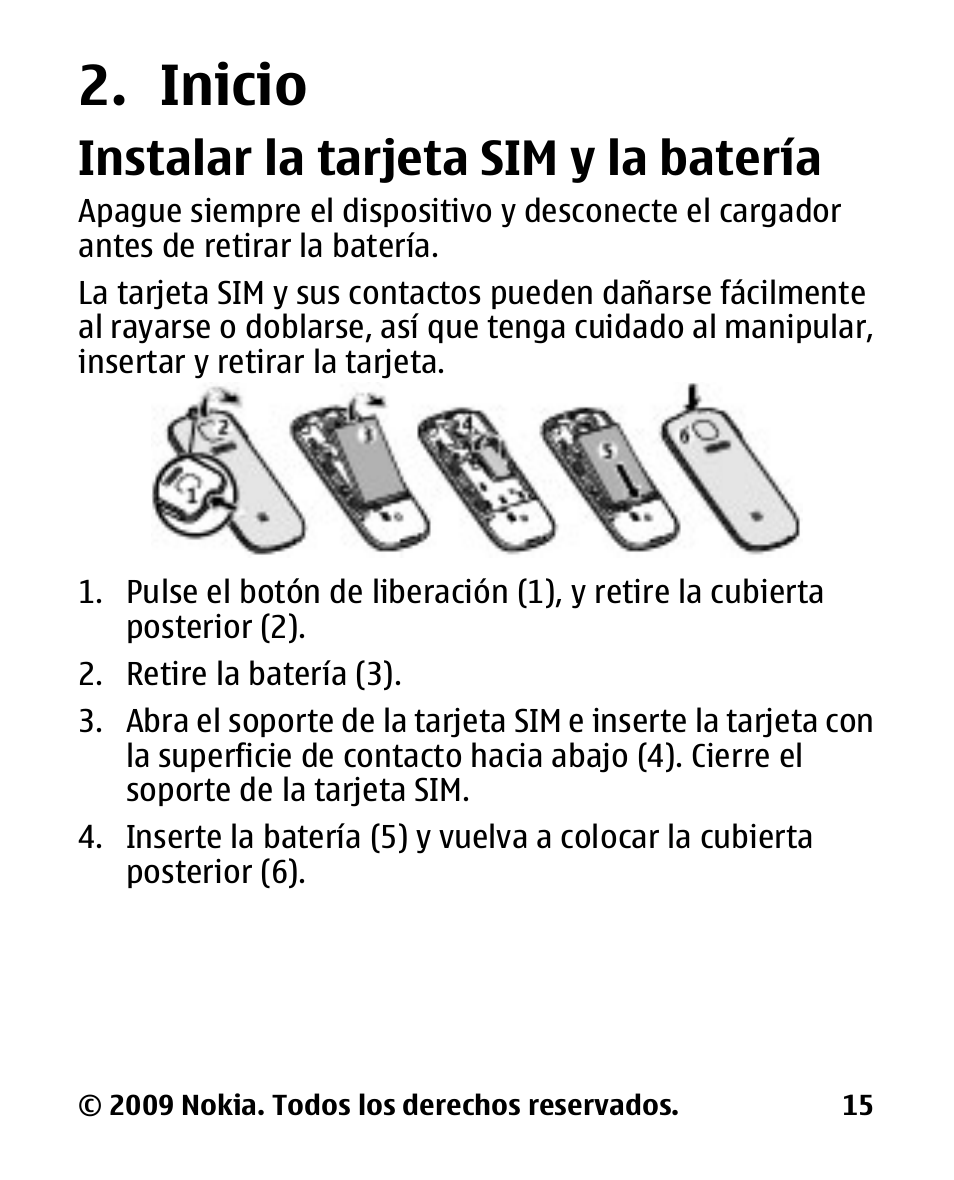 Inicio, Instalar la tarjeta sim y la batería, Instalar la tarjeta sim y la | Batería | Nokia 2330 User Manual | Page 79 / 135