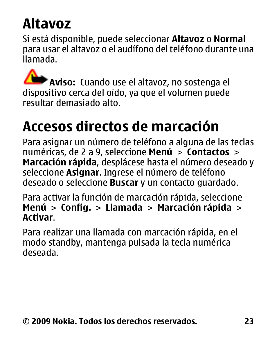 Altavoz, Accesos directos de marcación, Accesos directos de | Marcación | Nokia 2330 User Manual | Page 87 / 135