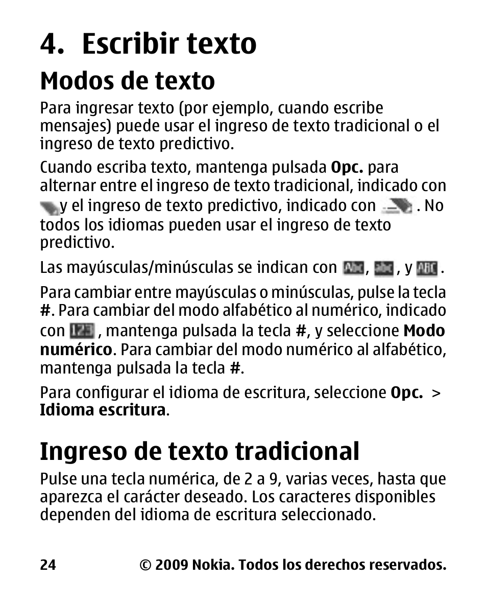 Escribir texto, Modos de texto, Ingreso de texto tradicional | Ingreso de texto, Tradicional | Nokia 2330 User Manual | Page 88 / 135