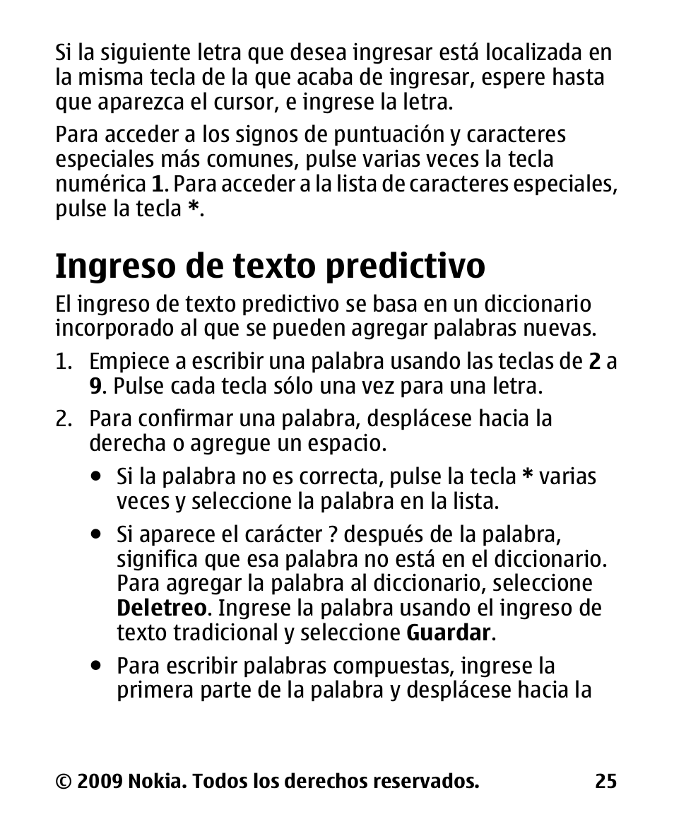 Ingreso de texto predictivo, Ingreso de texto, Predictivo | Nokia 2330 User Manual | Page 89 / 135