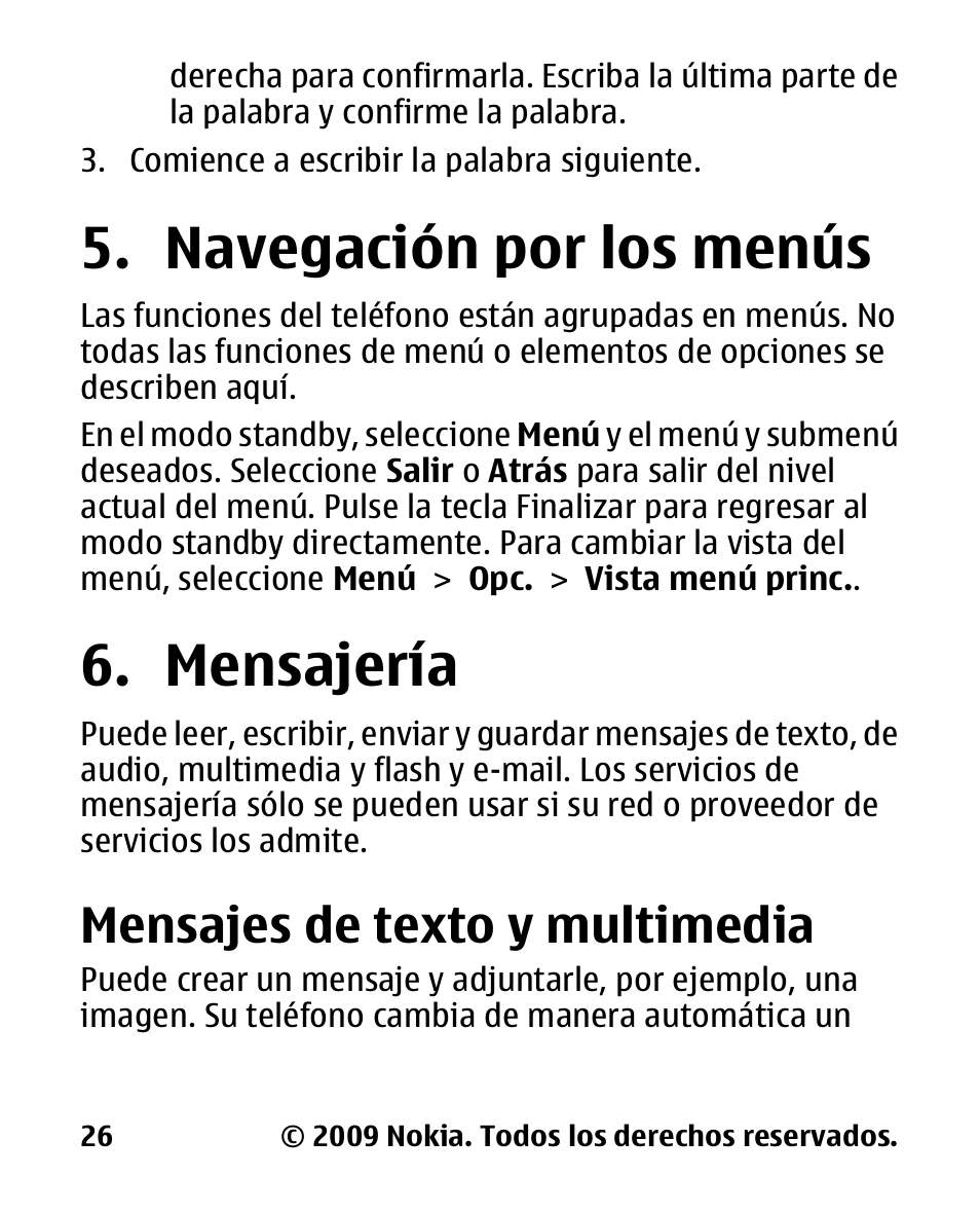 Navegación por los menús, Mensajería, Mensajes de texto y multimedia | Navegación por, Los menús 6. mensajería, Mensajes de texto y, Multimedia | Nokia 2330 User Manual | Page 90 / 135