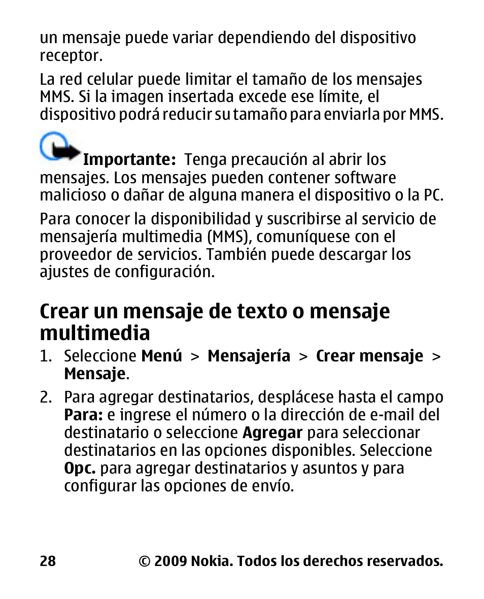 Crear un mensaje de texto o mensaje multimedia | Nokia 2330 User Manual | Page 92 / 135