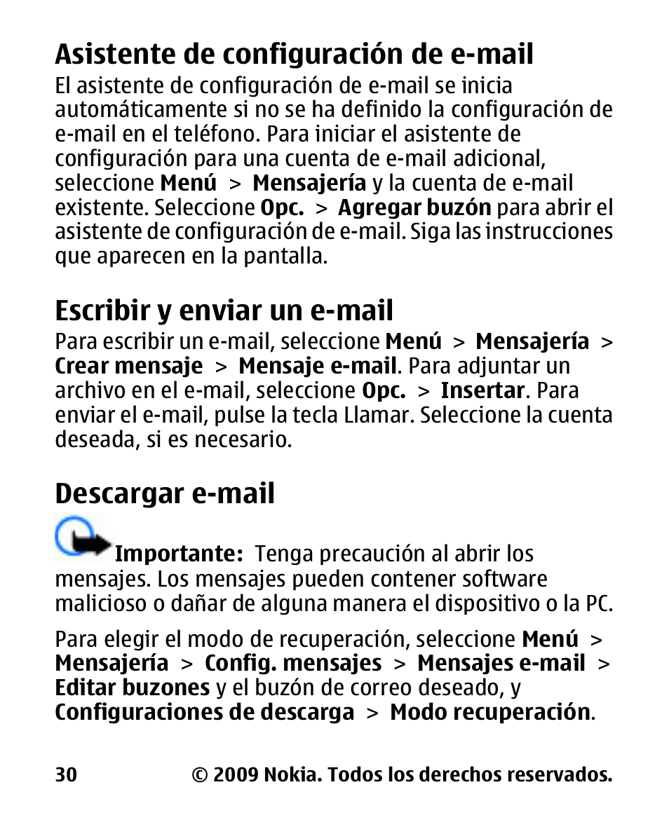 Asistente de configuración de e-mail, Escribir y enviar un e-mail, Descargar e-mail | Nokia 2330 User Manual | Page 94 / 135