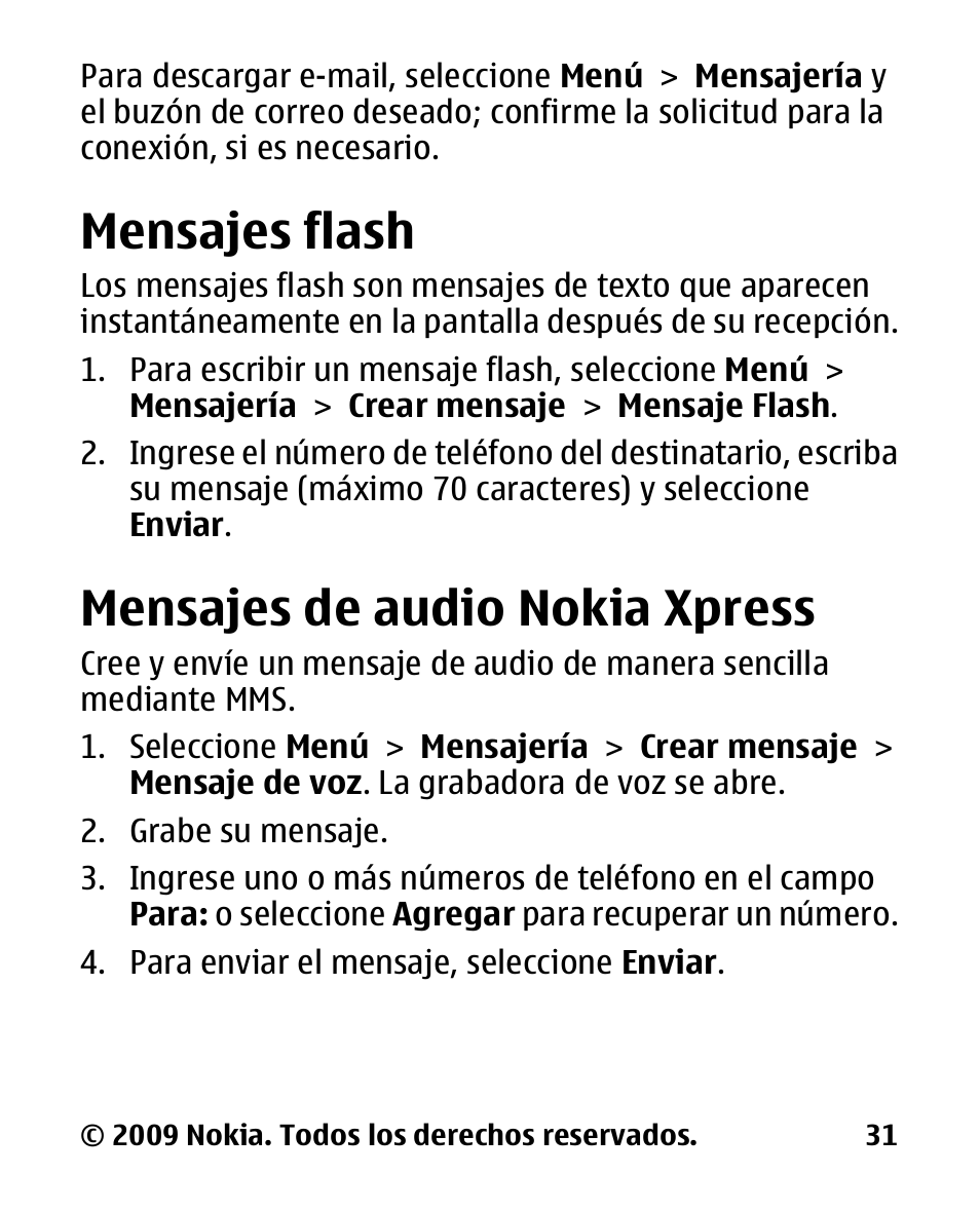 Mensajes flash, Mensajes de audio nokia xpress, Mensajes de audio nokia | Xpress | Nokia 2330 User Manual | Page 95 / 135