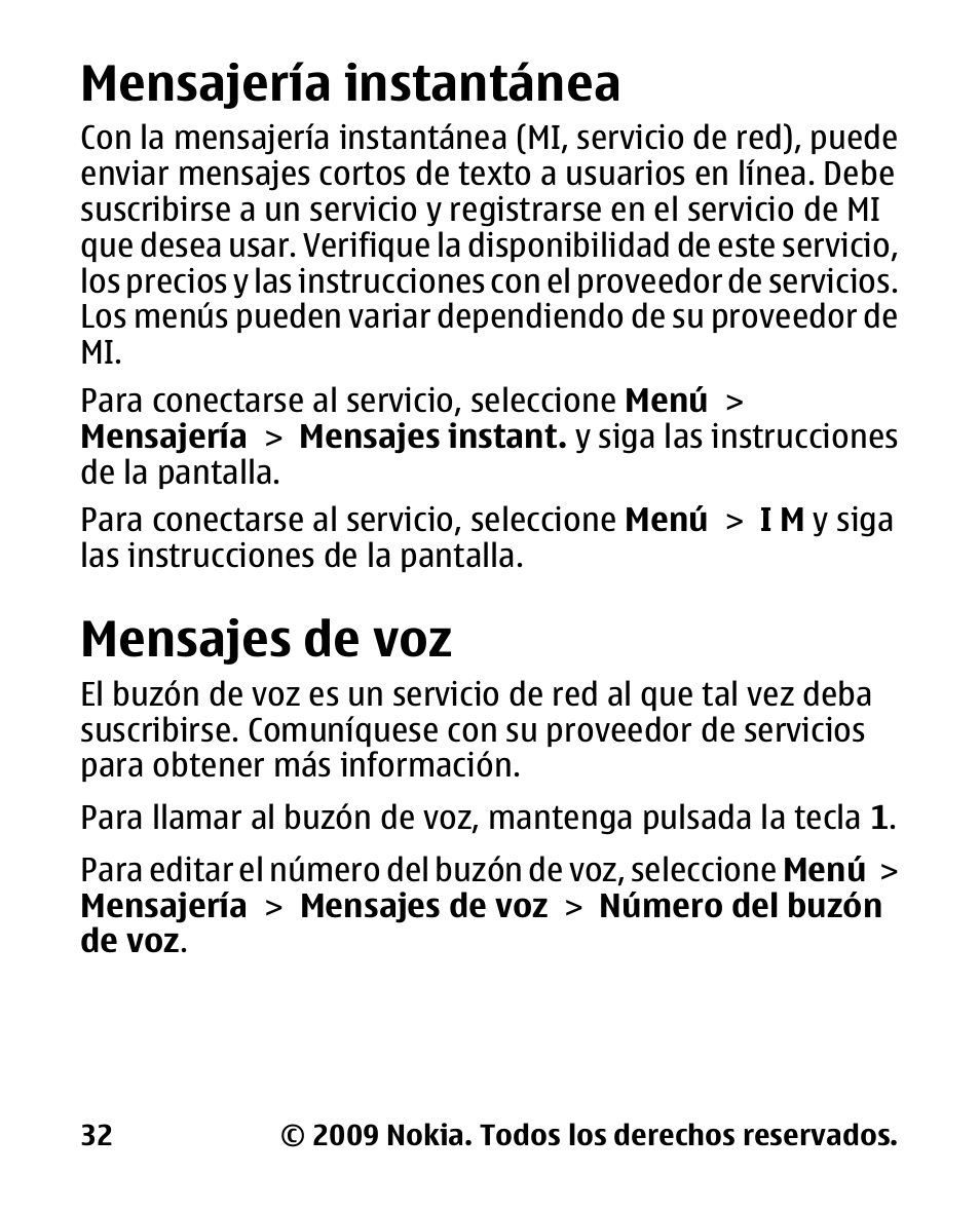 Mensajería instantánea, Mensajes de voz, Mensajería | Instantánea | Nokia 2330 User Manual | Page 96 / 135