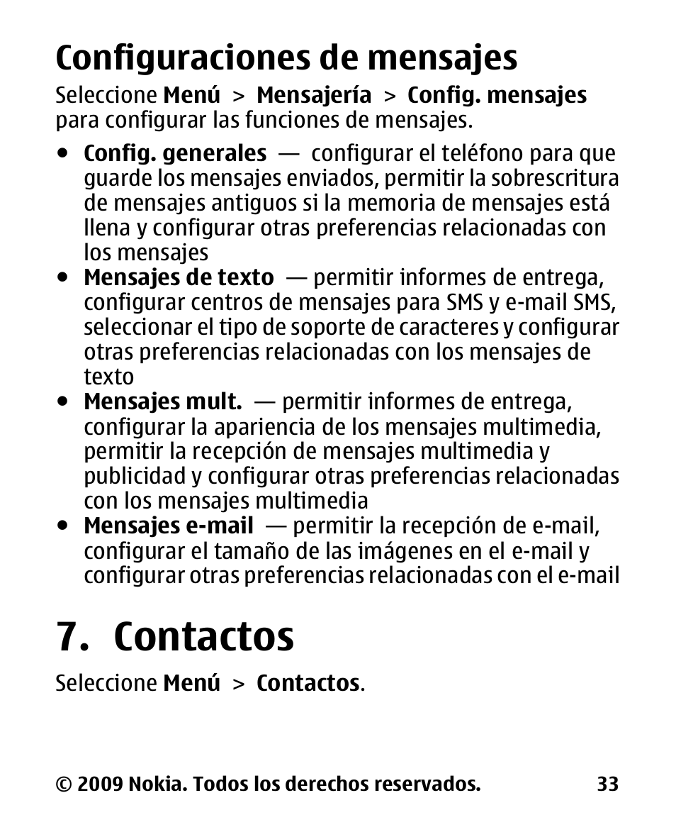 Configuraciones de mensajes, Contactos, Configuraciones de | Mensajes | Nokia 2330 User Manual | Page 97 / 135