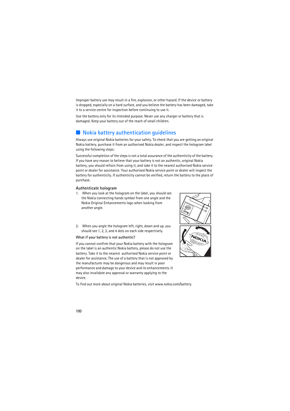 Nokia battery authentication guidelines, Nokia battery authentication guidelines. 100 | Nokia 6110 Navigator User Manual | Page 100 / 109