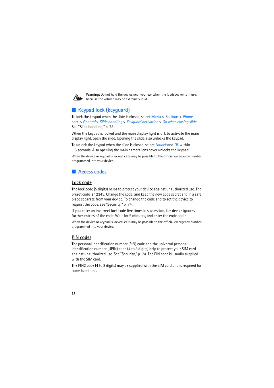 Keypad lock (keyguard), Access codes, Lock code | Pin codes, Keypad lock (keyguard) access codes, E "keypad lock (keyguard)," p. 18 | Nokia 6110 Navigator User Manual | Page 18 / 109