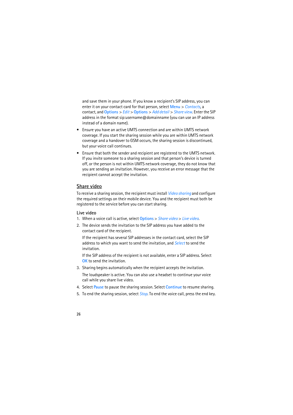 Share video, Live video | Nokia 6110 Navigator User Manual | Page 26 / 109