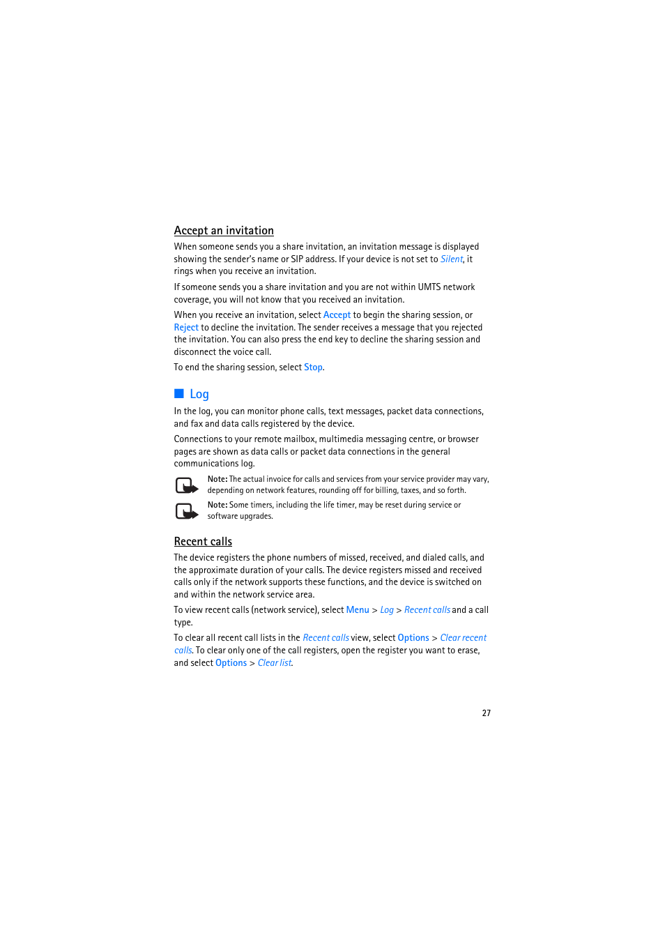 Accept an invitation, Recent calls | Nokia 6110 Navigator User Manual | Page 27 / 109