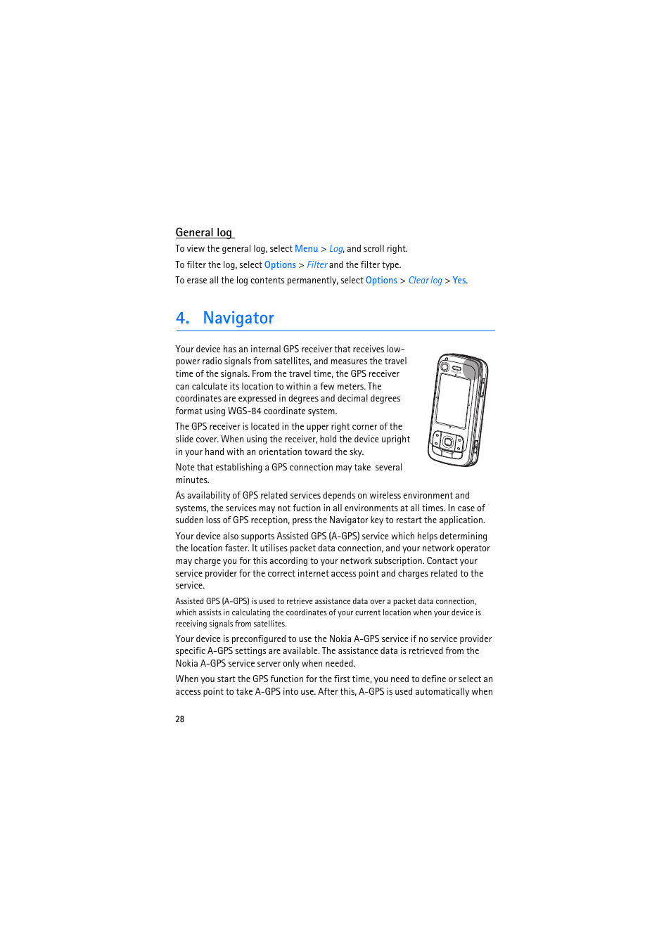 General log, Navigator | Nokia 6110 Navigator User Manual | Page 28 / 109