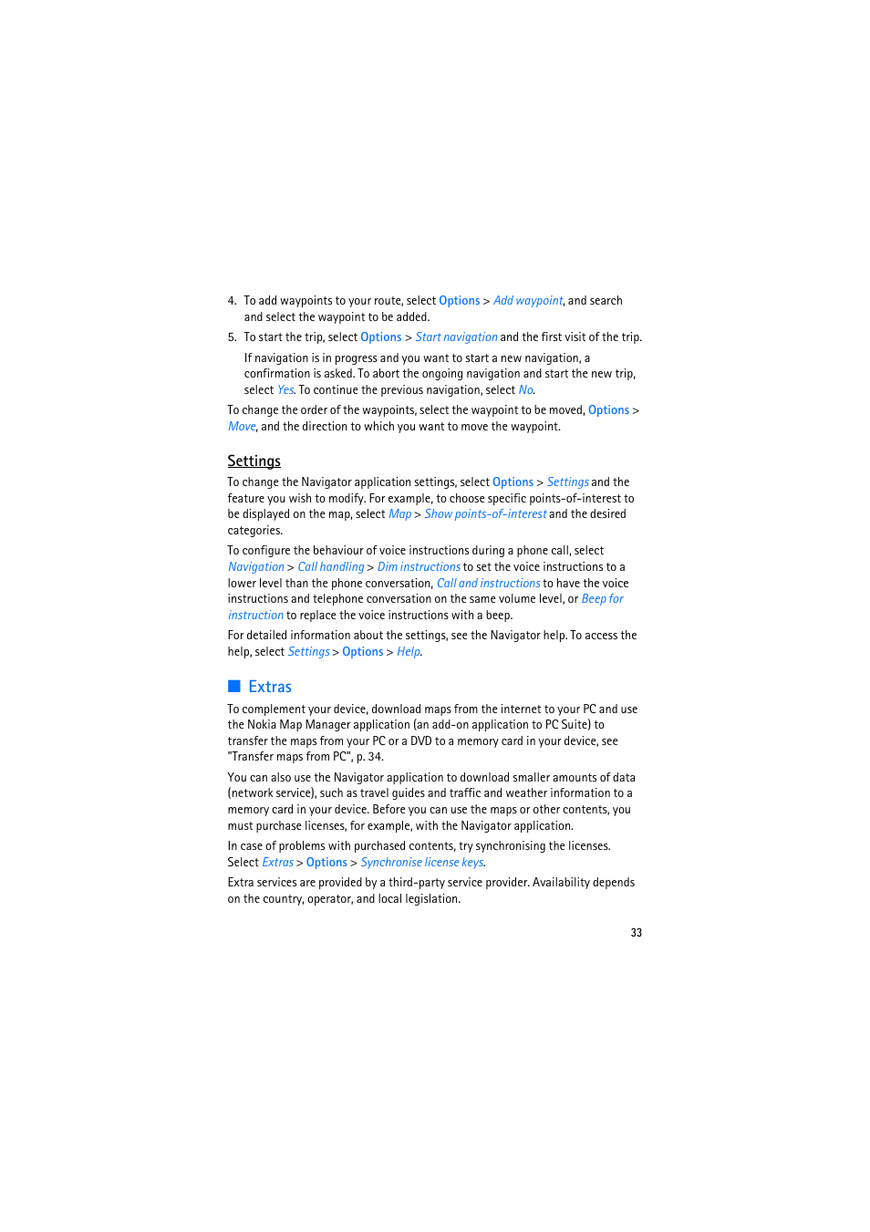 Settings, Extras | Nokia 6110 Navigator User Manual | Page 33 / 109