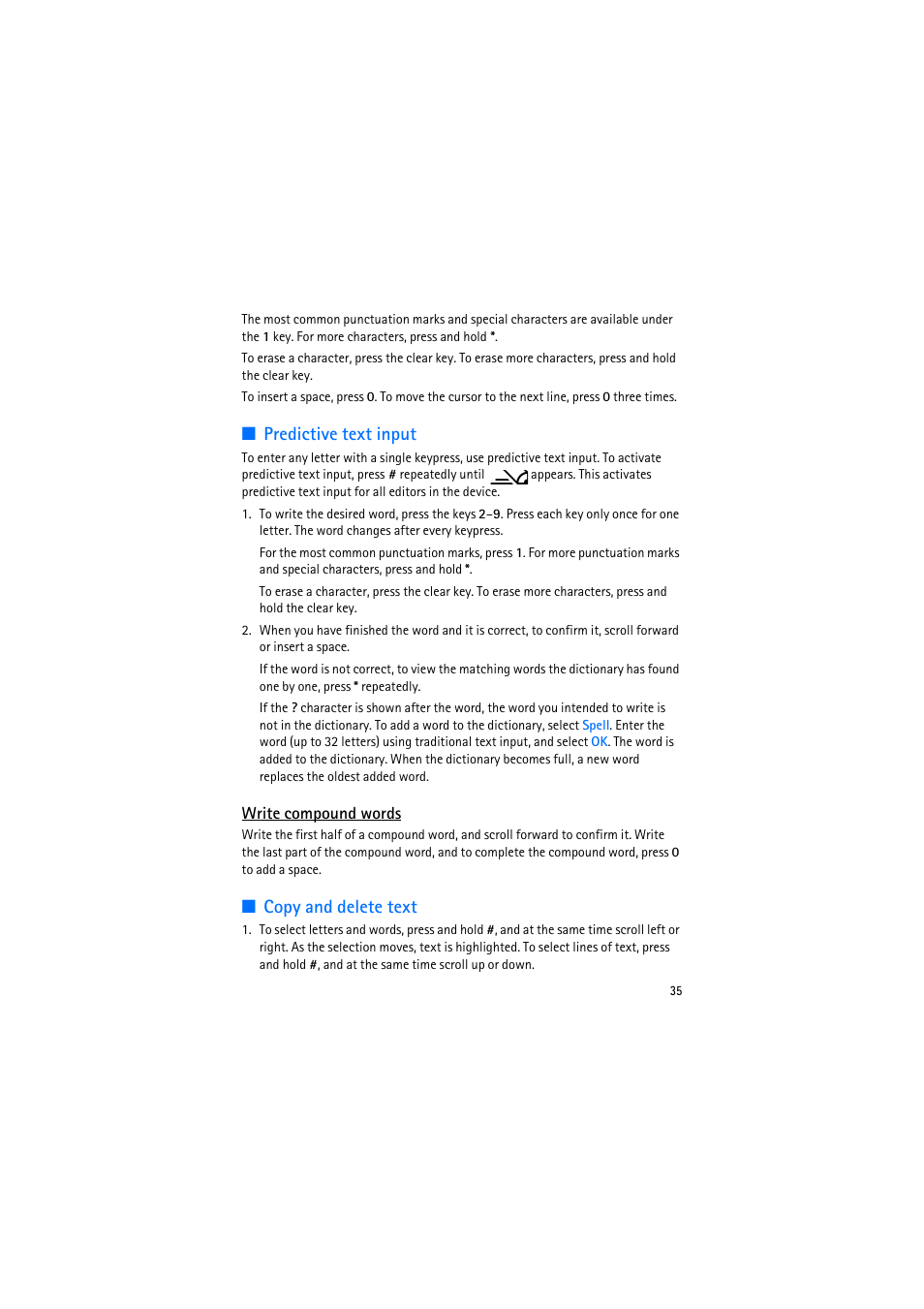 Predictive text input, Write compound words, Copy and delete text | Predictive text input copy and delete text | Nokia 6110 Navigator User Manual | Page 35 / 109