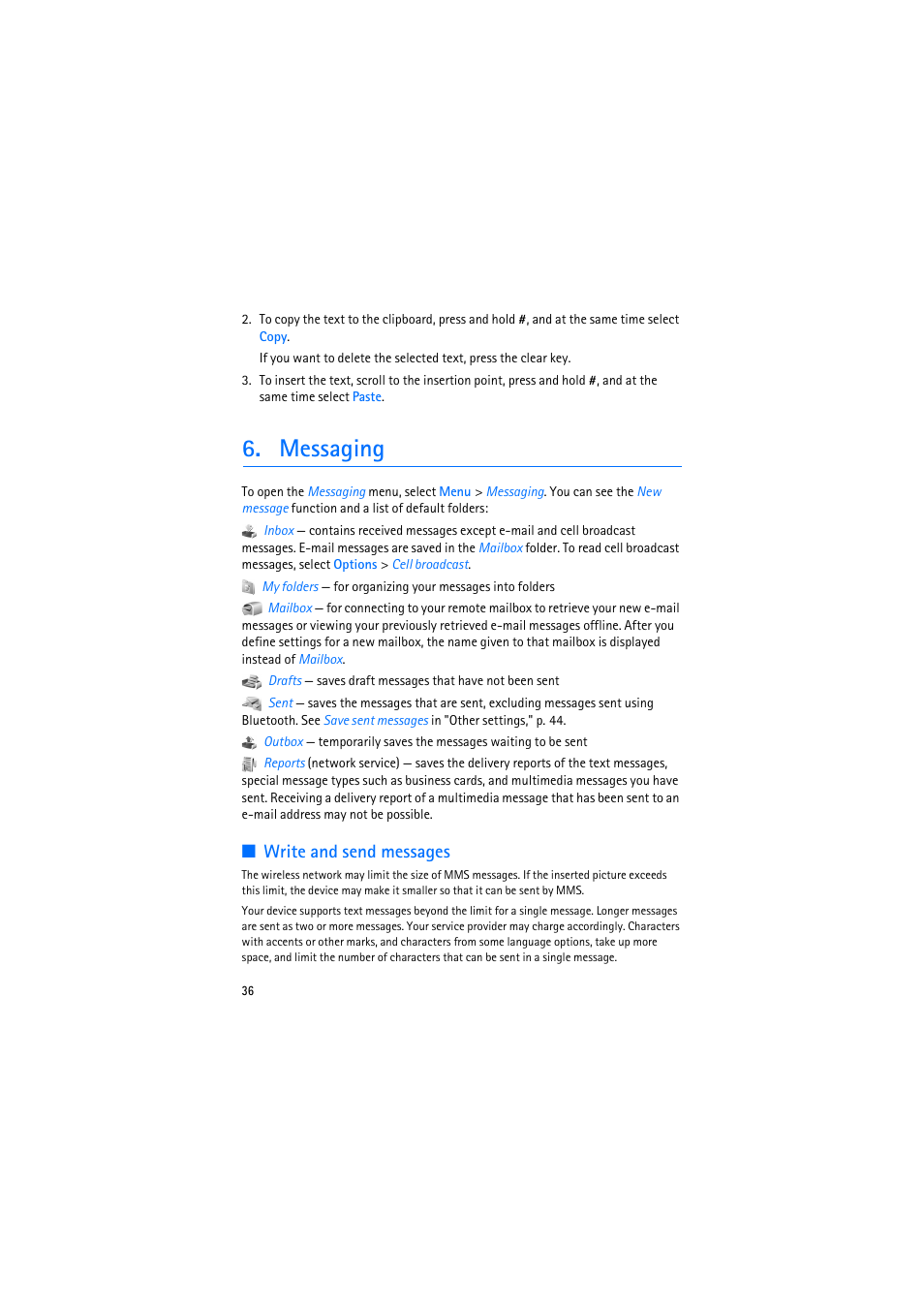 Messaging, Write and send messages | Nokia 6110 Navigator User Manual | Page 36 / 109