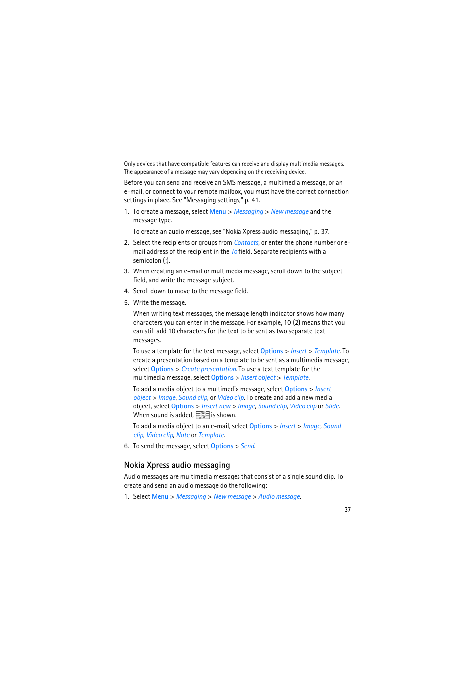 Nokia xpress audio messaging | Nokia 6110 Navigator User Manual | Page 37 / 109