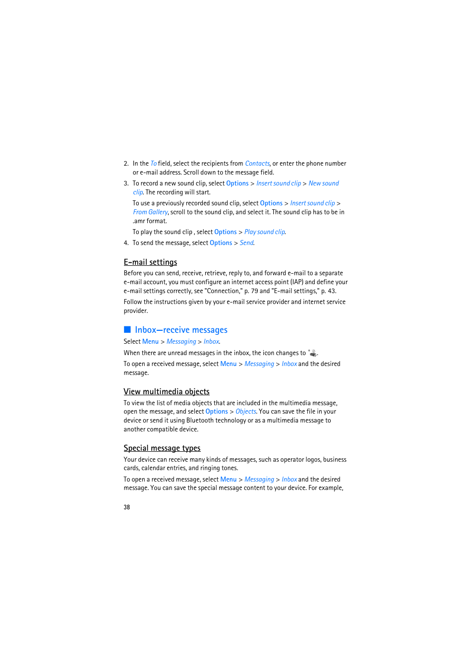 Email settings, Inbox—receive messages, View multimedia objects | Special message types | Nokia 6110 Navigator User Manual | Page 38 / 109