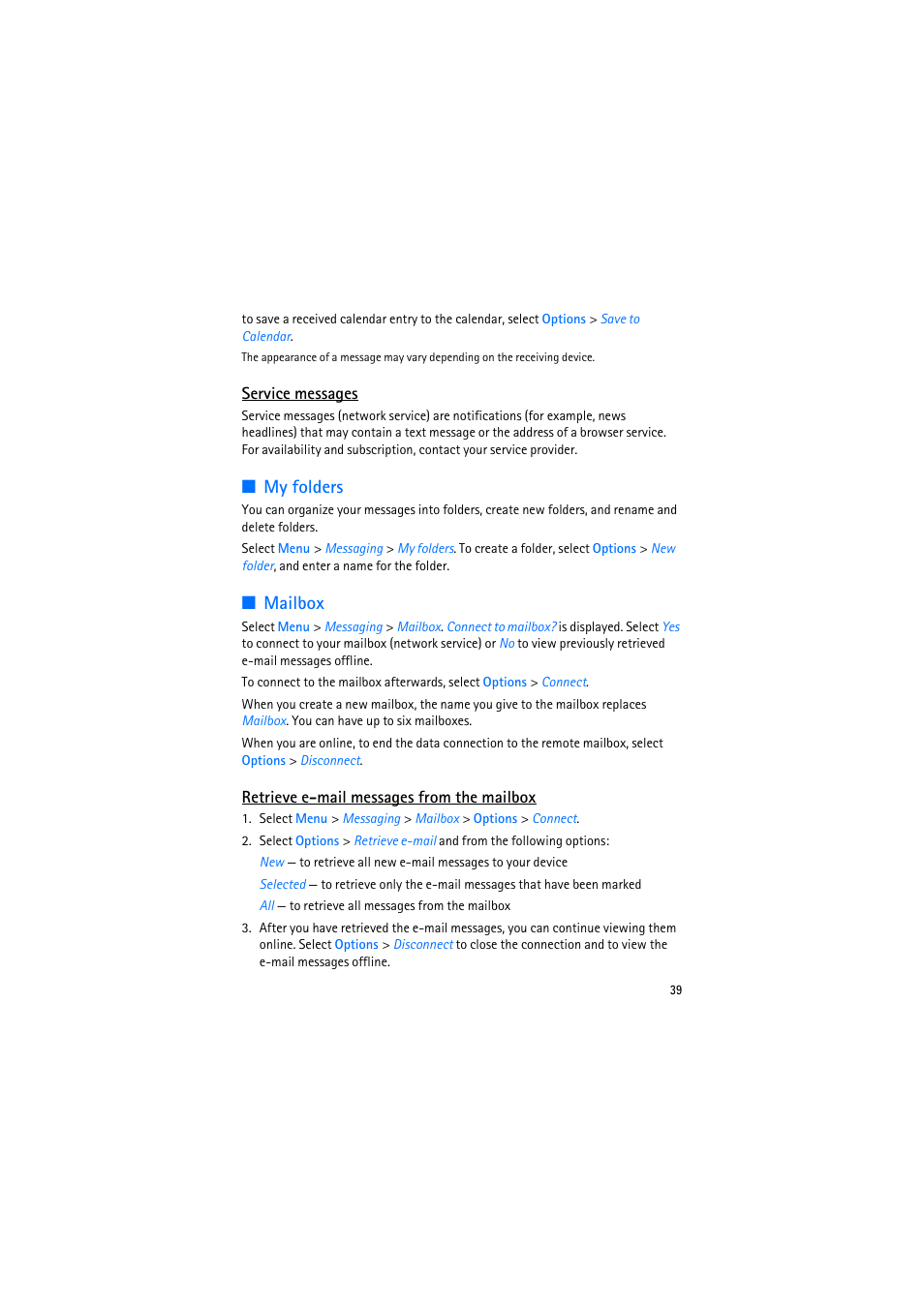Service messages, My folders, Mailbox | Retrieve email messages from the mailbox, My folders mailbox | Nokia 6110 Navigator User Manual | Page 39 / 109