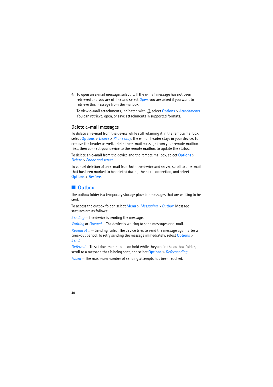 Delete email messages, Outbox | Nokia 6110 Navigator User Manual | Page 40 / 109