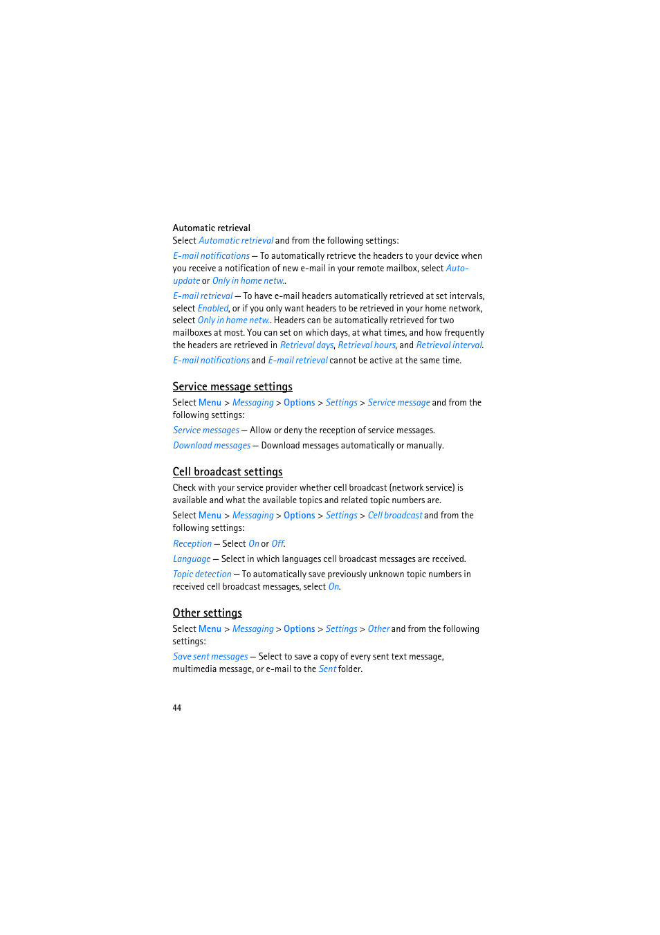Service message settings, Cell broadcast settings, Other settings | Nokia 6110 Navigator User Manual | Page 44 / 109
