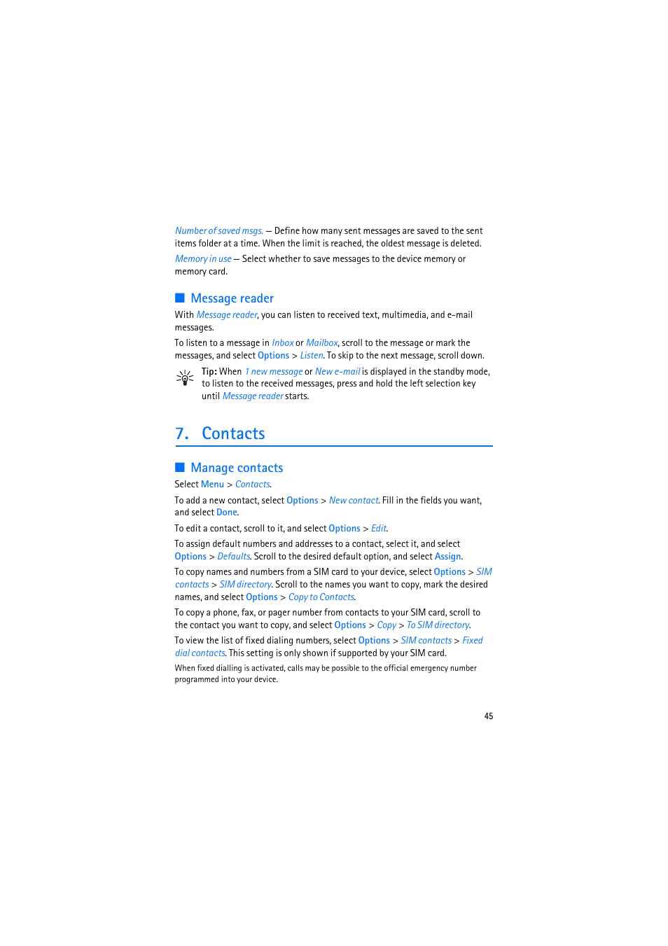 Message reader, Contacts, Manage contacts | Nokia 6110 Navigator User Manual | Page 45 / 109