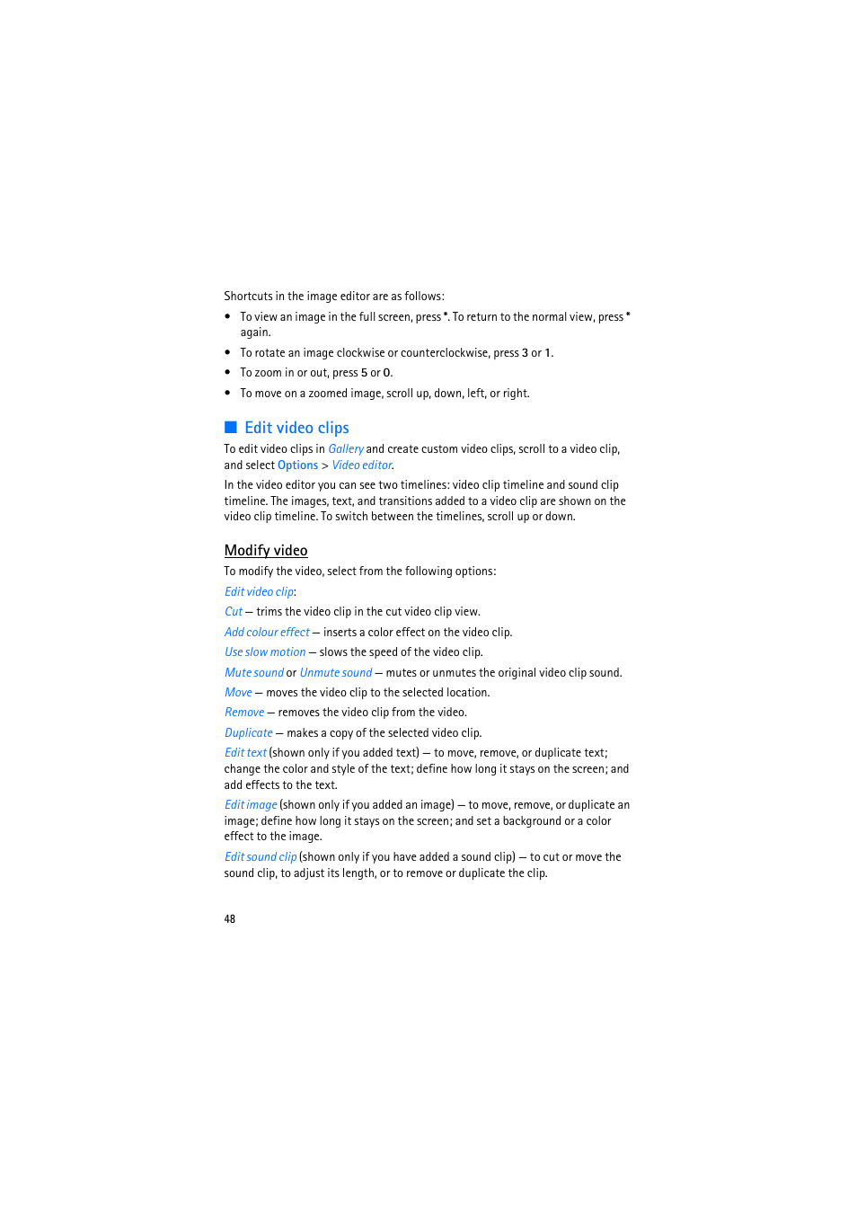 Edit video clips, Modify video | Nokia 6110 Navigator User Manual | Page 48 / 109