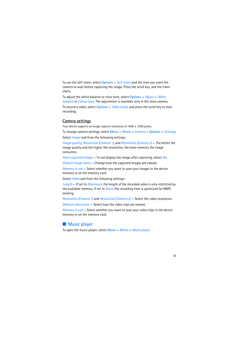 Camera settings, Music player | Nokia 6110 Navigator User Manual | Page 51 / 109