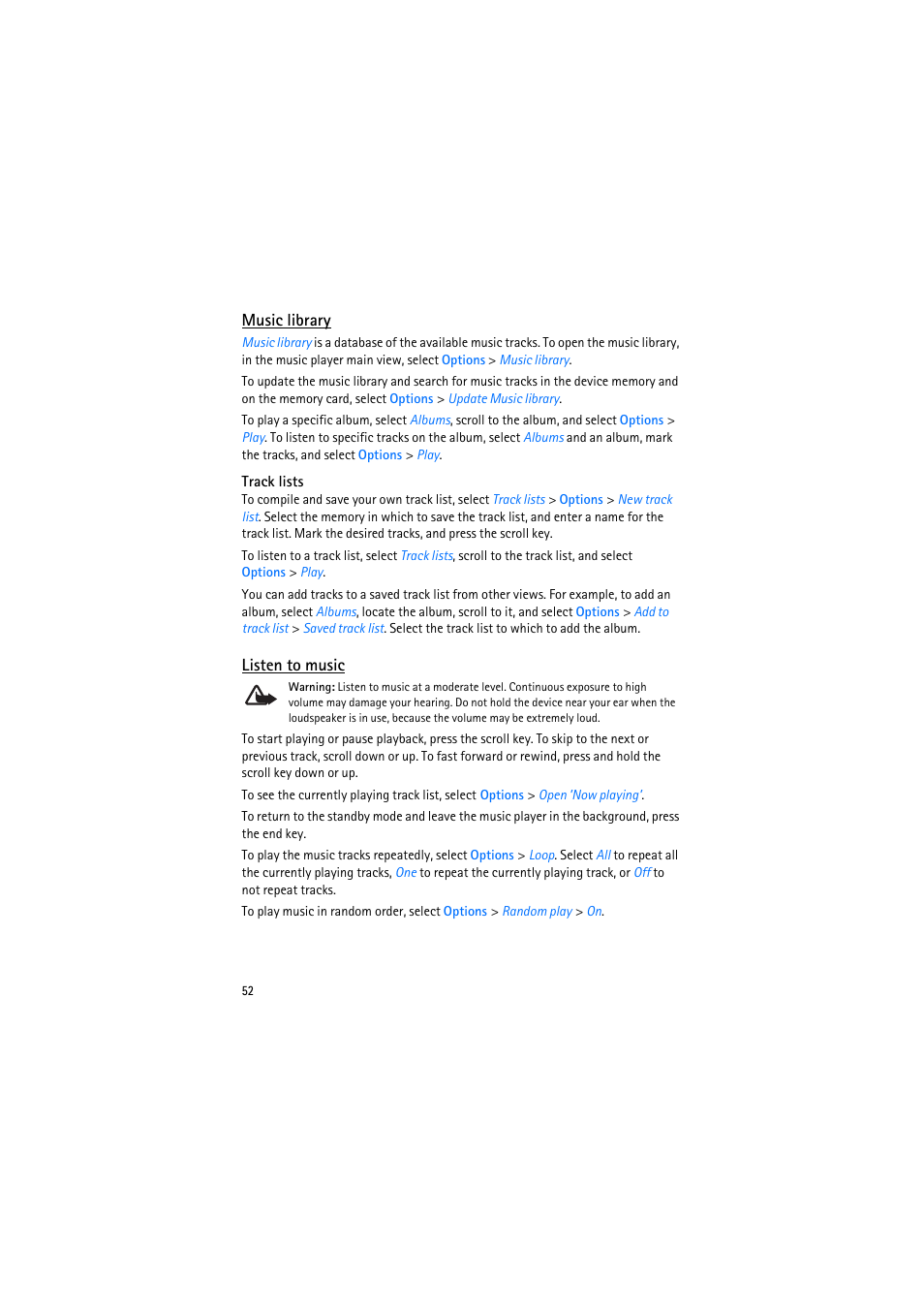 Music library, Track lists, Listen to music | Nokia 6110 Navigator User Manual | Page 52 / 109