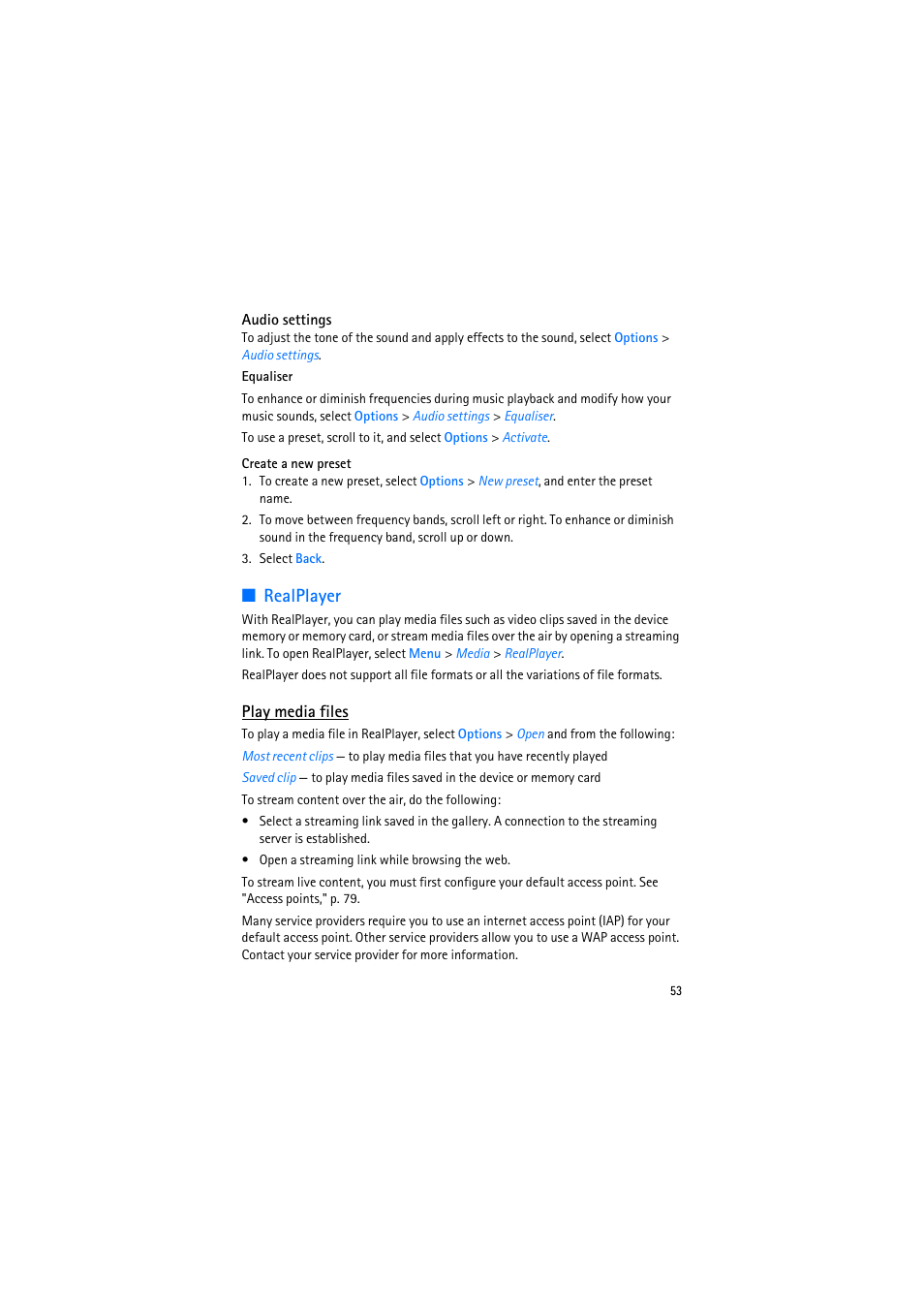 Audio settings, Realplayer, Play media files | Nokia 6110 Navigator User Manual | Page 53 / 109