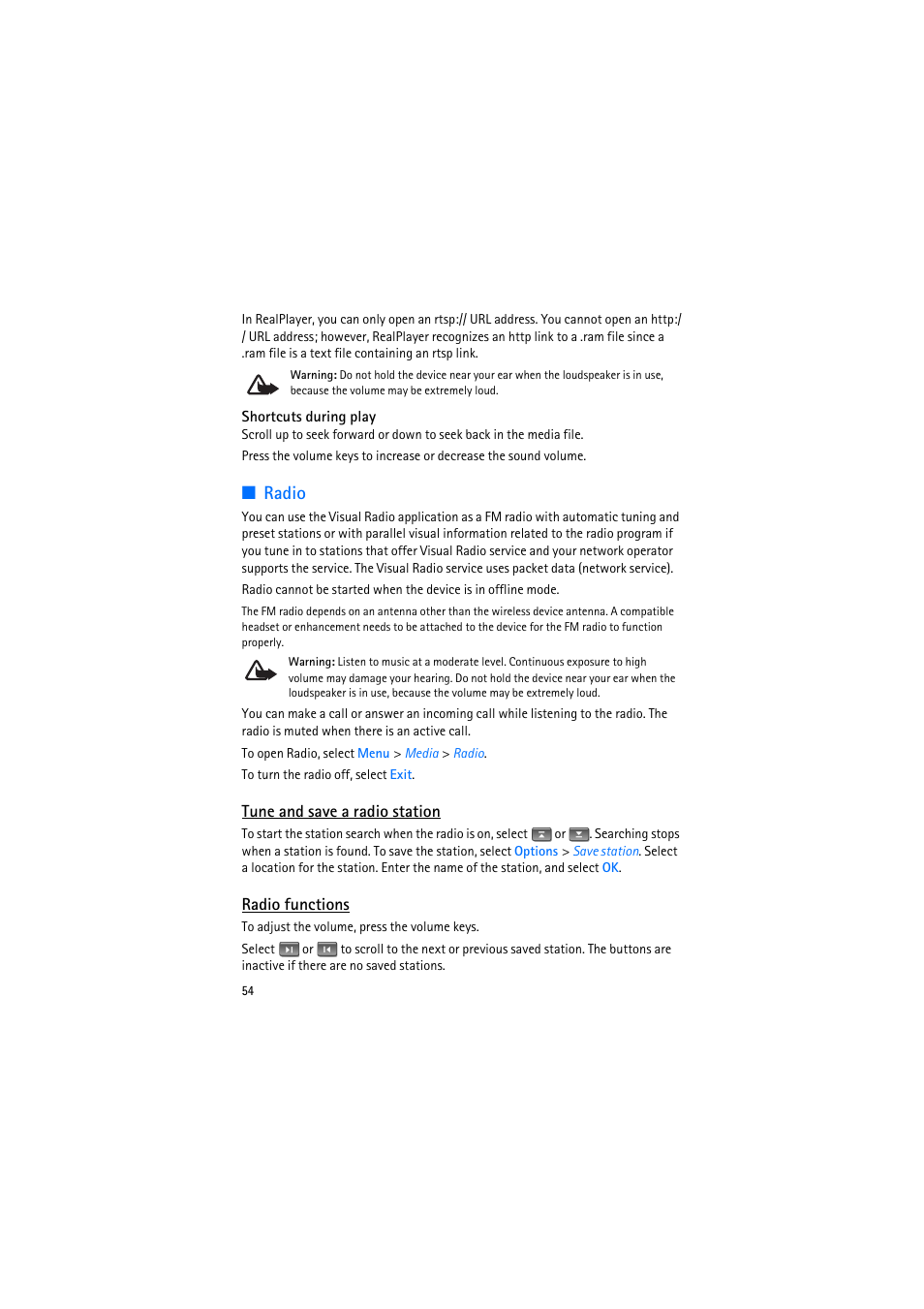 Shortcuts during play, Radio, Tune and save a radio station | Radio functions | Nokia 6110 Navigator User Manual | Page 54 / 109