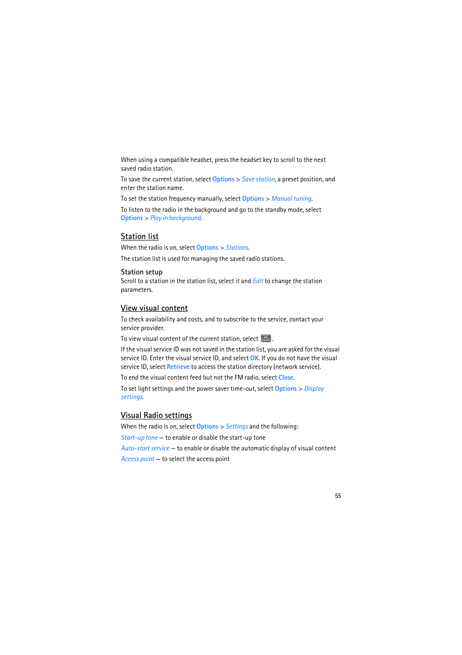 Station list, Station setup, View visual content | Visual radio settings | Nokia 6110 Navigator User Manual | Page 55 / 109