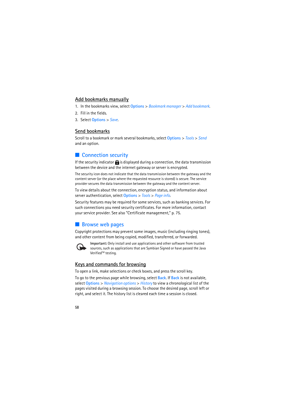 Add bookmarks manually, Send bookmarks, Connection security | Keys and commands for browsing, Browse web pages | Nokia 6110 Navigator User Manual | Page 58 / 109