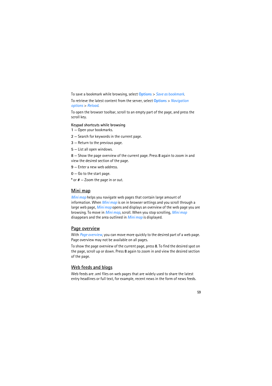 Mini map, Web feeds and blogs | Nokia 6110 Navigator User Manual | Page 59 / 109