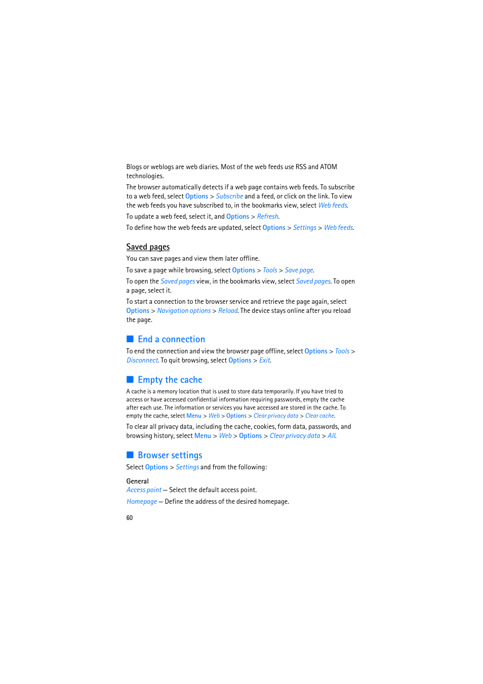 End a connection, Empty the cache, Browser settings | End a connection empty the cache browser settings | Nokia 6110 Navigator User Manual | Page 60 / 109
