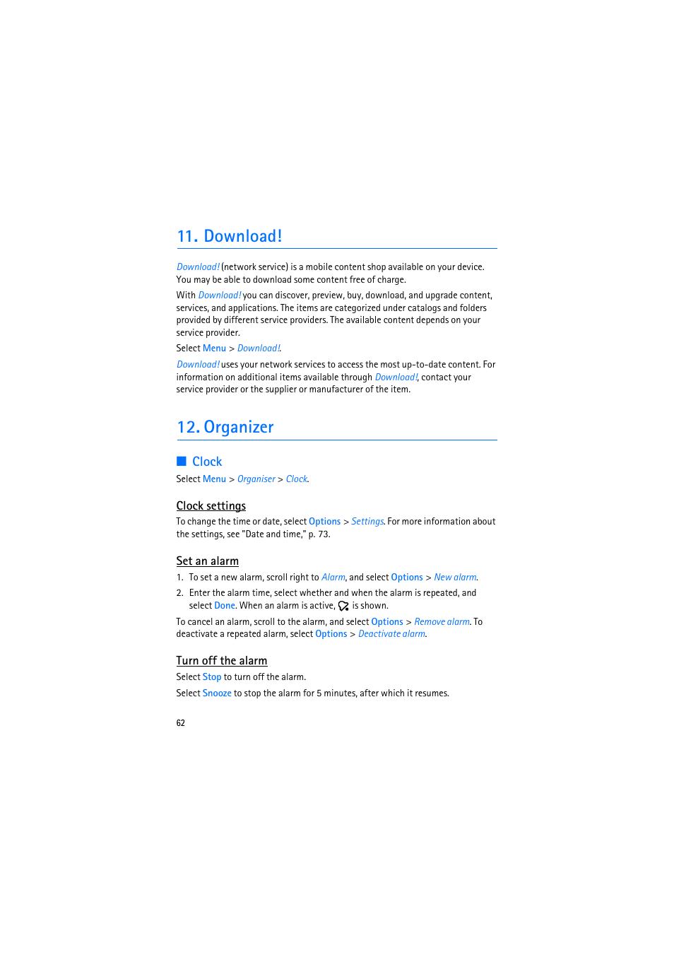 Download, Organizer, Clock | Clock settings, Set an alarm, Turn off the alarm | Nokia 6110 Navigator User Manual | Page 62 / 109