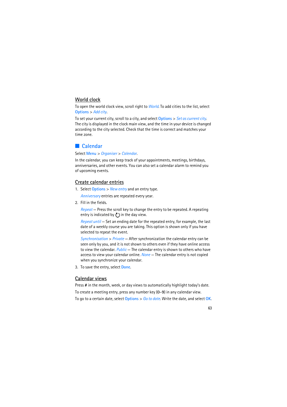 World clock, Calendar, Create calendar entries | Calendar views | Nokia 6110 Navigator User Manual | Page 63 / 109