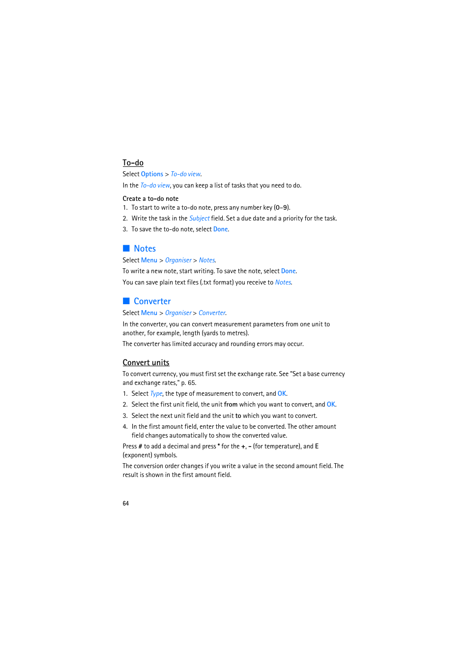 To-do, Notes, Converter | Convert units, Notes converter | Nokia 6110 Navigator User Manual | Page 64 / 109