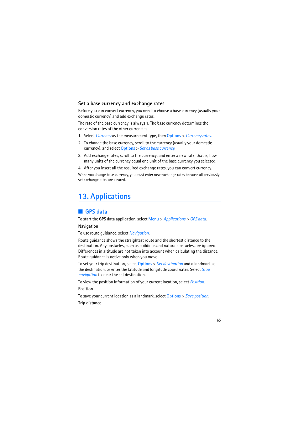 Set a base currency and exchange rates, Applications, Gps data | Nokia 6110 Navigator User Manual | Page 65 / 109