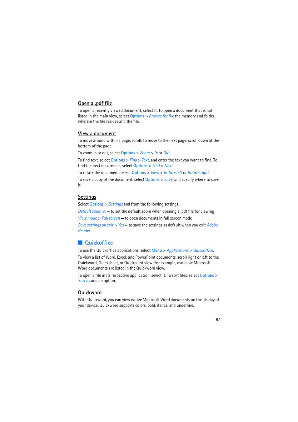 Open a .pdf file, View a document, Settings | Quickoffice, Quickword | Nokia 6110 Navigator User Manual | Page 67 / 109