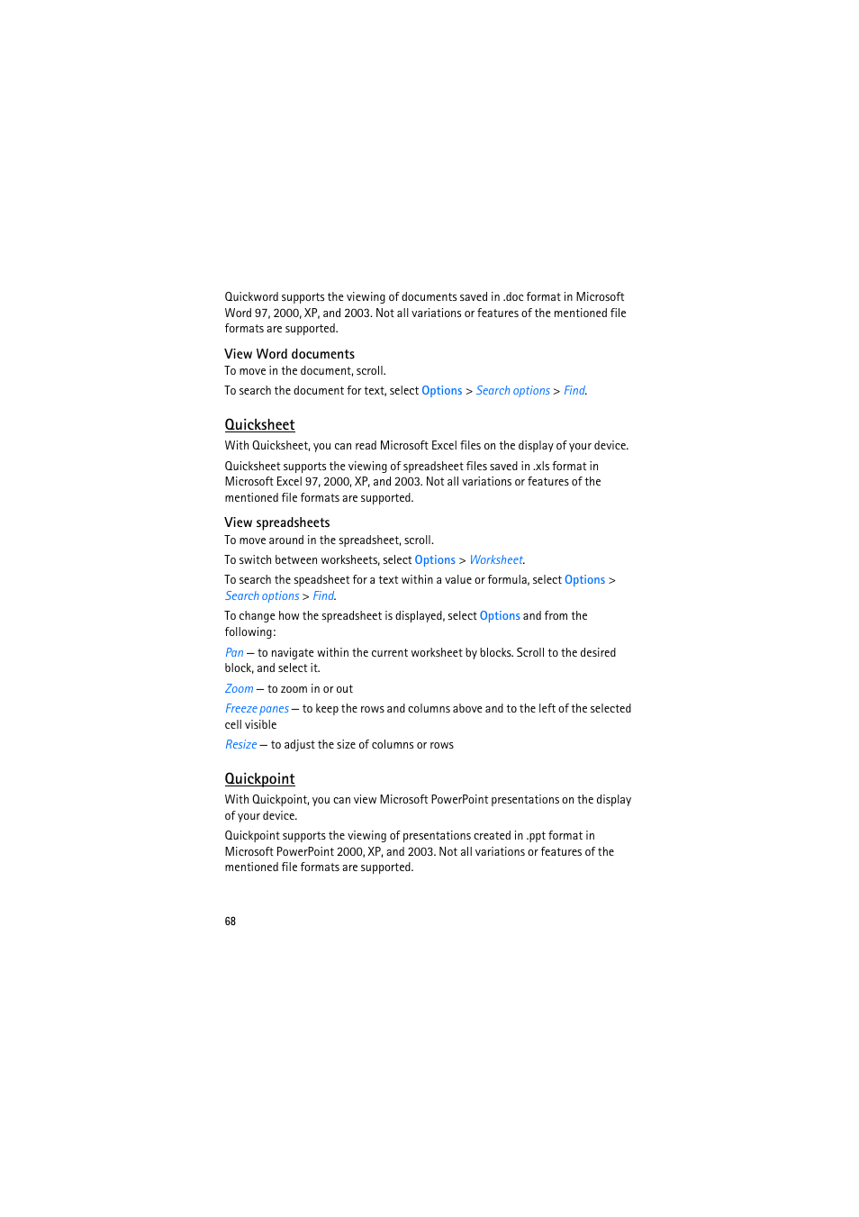 View word documents, Quicksheet, View spreadsheets | Quickpoint | Nokia 6110 Navigator User Manual | Page 68 / 109