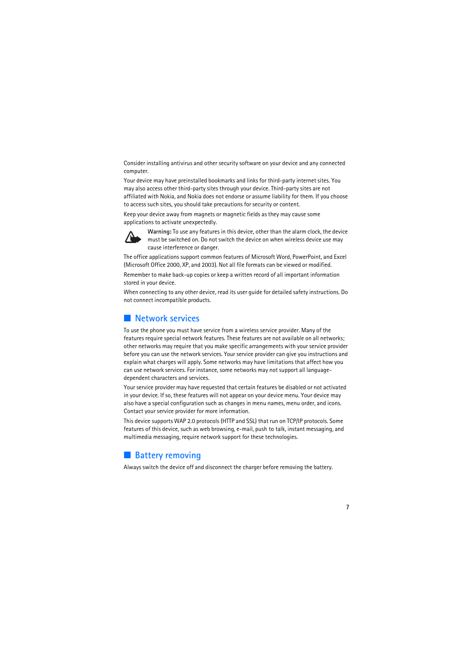 Network services, Battery removing | Nokia 6110 Navigator User Manual | Page 7 / 109