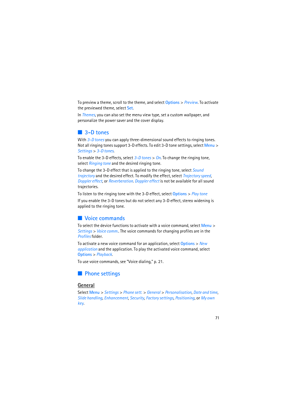 D tones, Voice commands, Phone settings | General, D tones voice commands phone settings | Nokia 6110 Navigator User Manual | Page 71 / 109