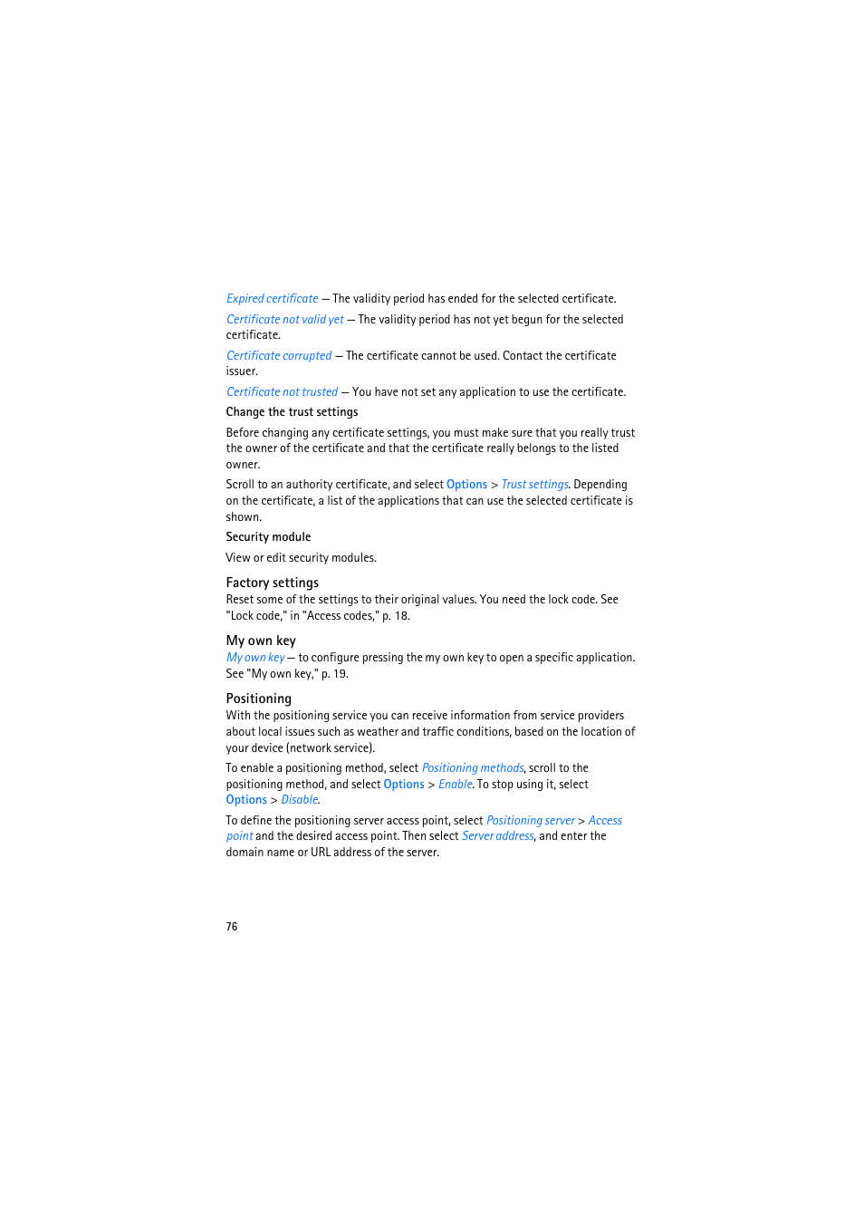 Factory settings, My own key, Positioning | Nokia 6110 Navigator User Manual | Page 76 / 109