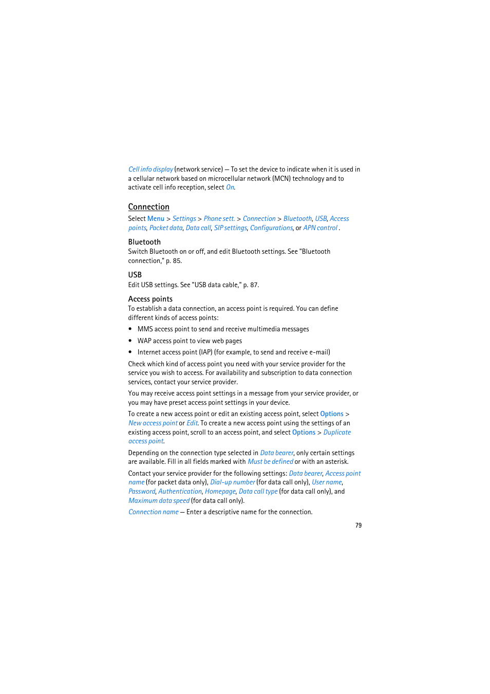 Connection, Bluetooth, Access points | Nokia 6110 Navigator User Manual | Page 79 / 109