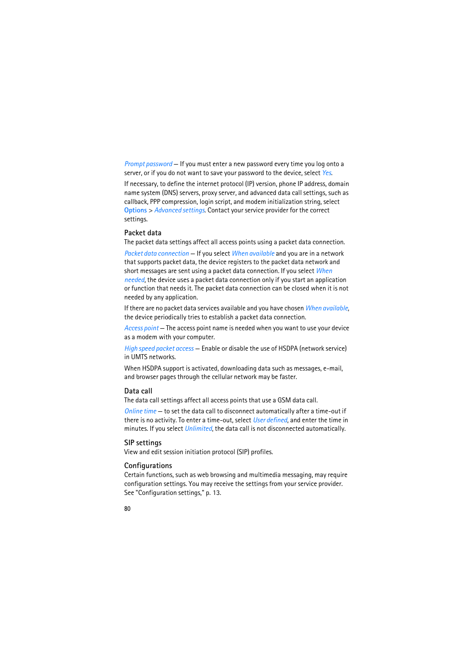 Packet data, Data call, Sip settings | Configurations | Nokia 6110 Navigator User Manual | Page 80 / 109