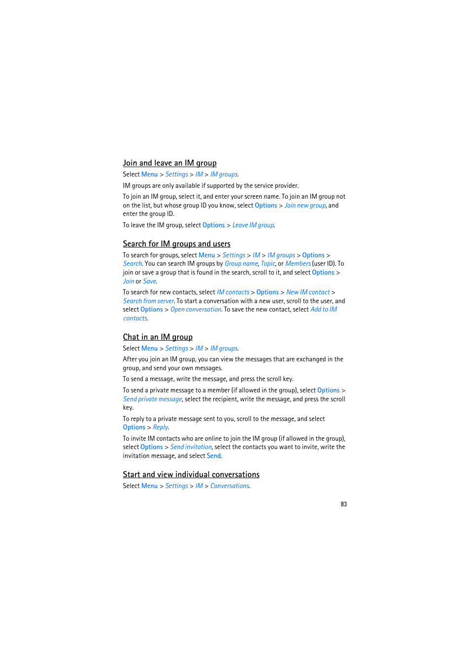 Join and leave an im group, Search for im groups and users, Chat in an im group | Start and view individual conversations | Nokia 6110 Navigator User Manual | Page 83 / 109