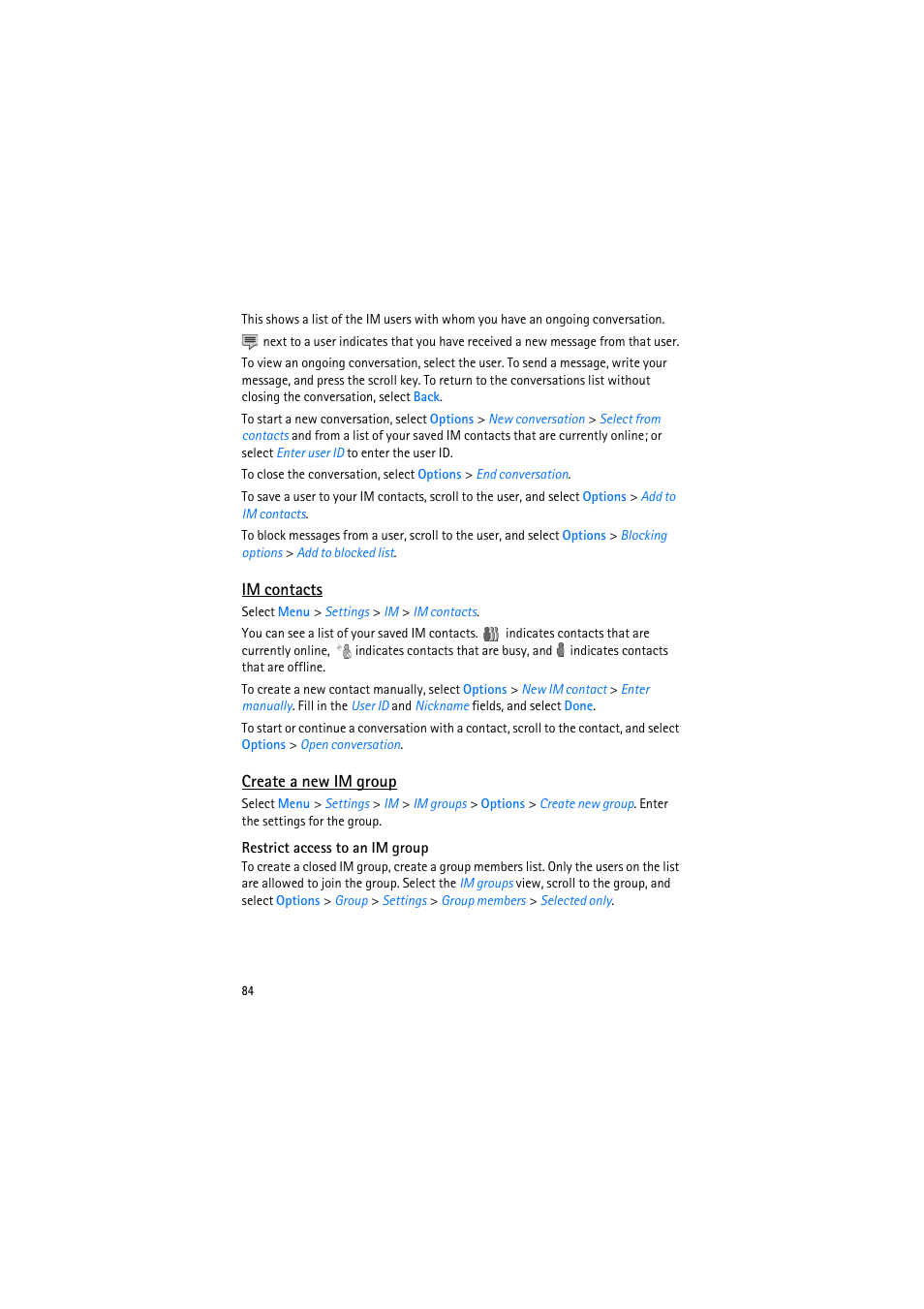Im contacts, Create a new im group, Restrict access to an im group | Nokia 6110 Navigator User Manual | Page 84 / 109